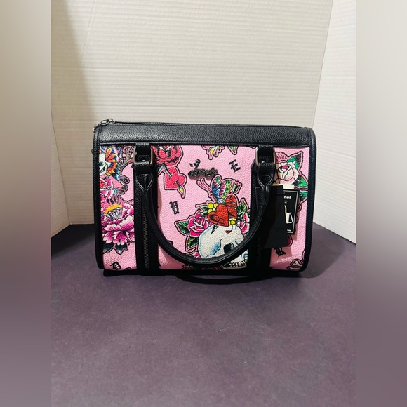 Ed Hardy Handbags - Ed Hardy Pink Floral Skull Print Satchel Bag - Black Trim BNWT